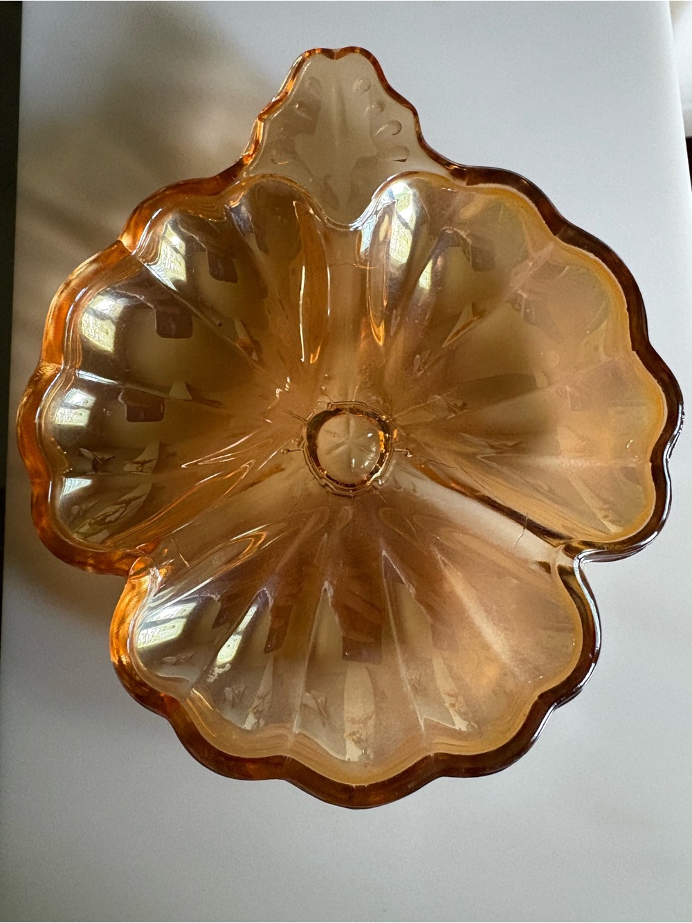 Vtg Jeannette Marigold Carnival Glass Doric 3-Section Clover Candy Trinket Dish